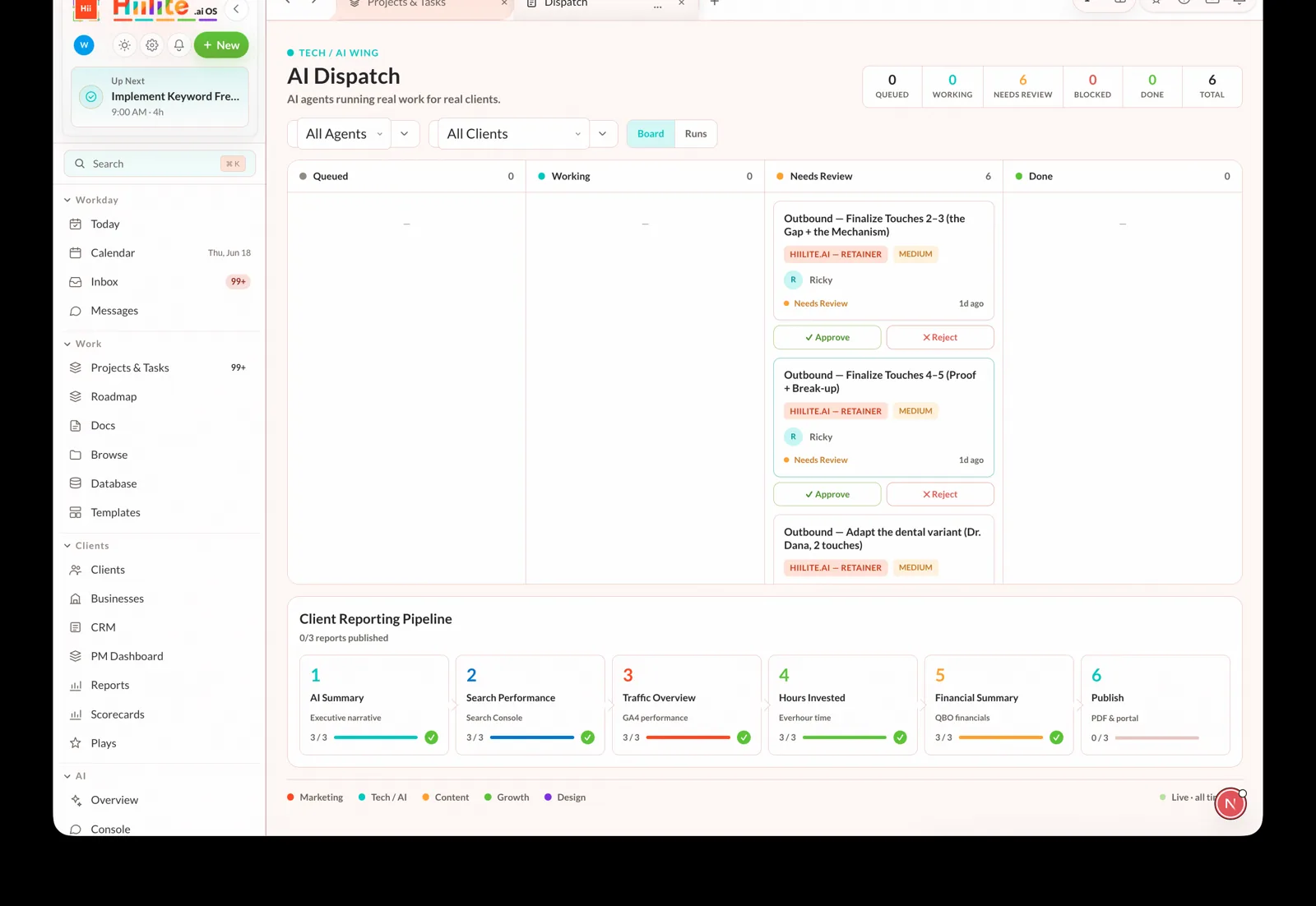 Hiilite AI Dispatch — the human approval gate and client reporting pipeline where agent work is reviewed before it ships