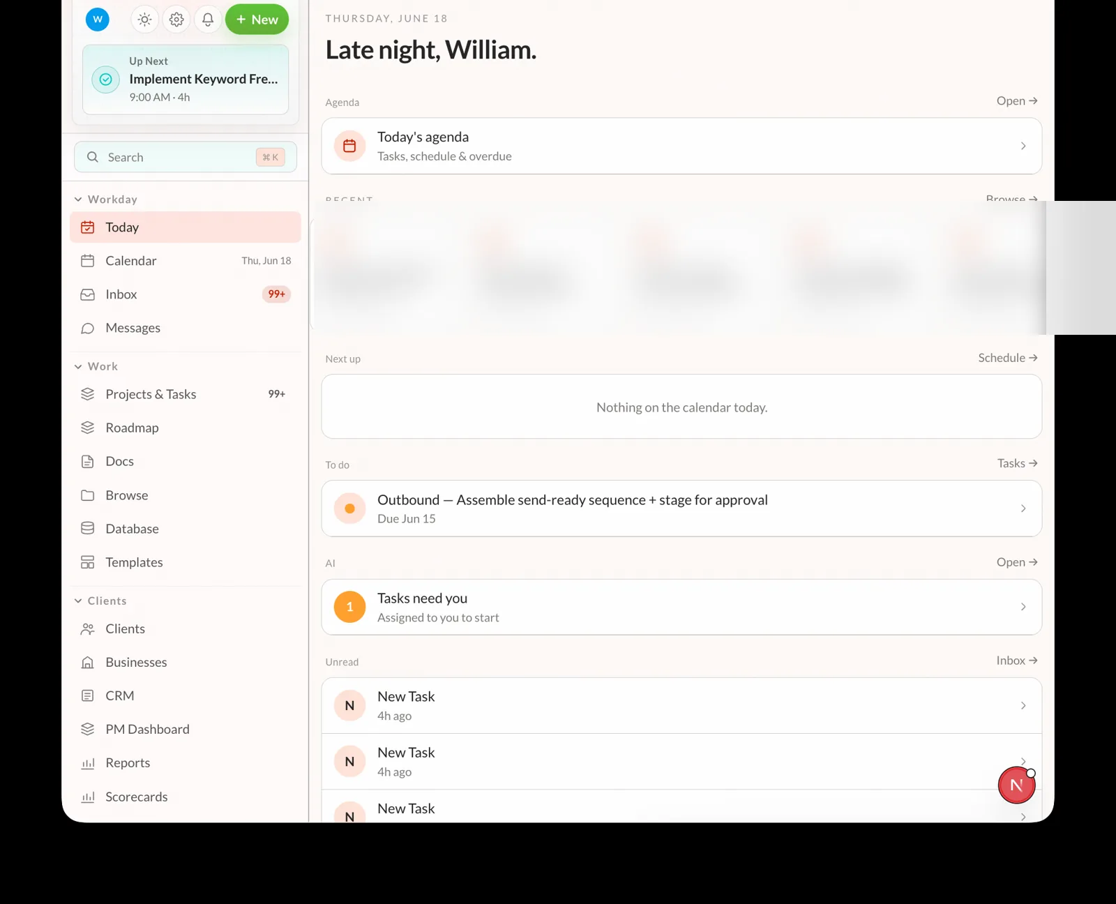 Hiilite all-in-one AI marketing platform — the left navigation (Workday, Work, Clients) and the Today workday view