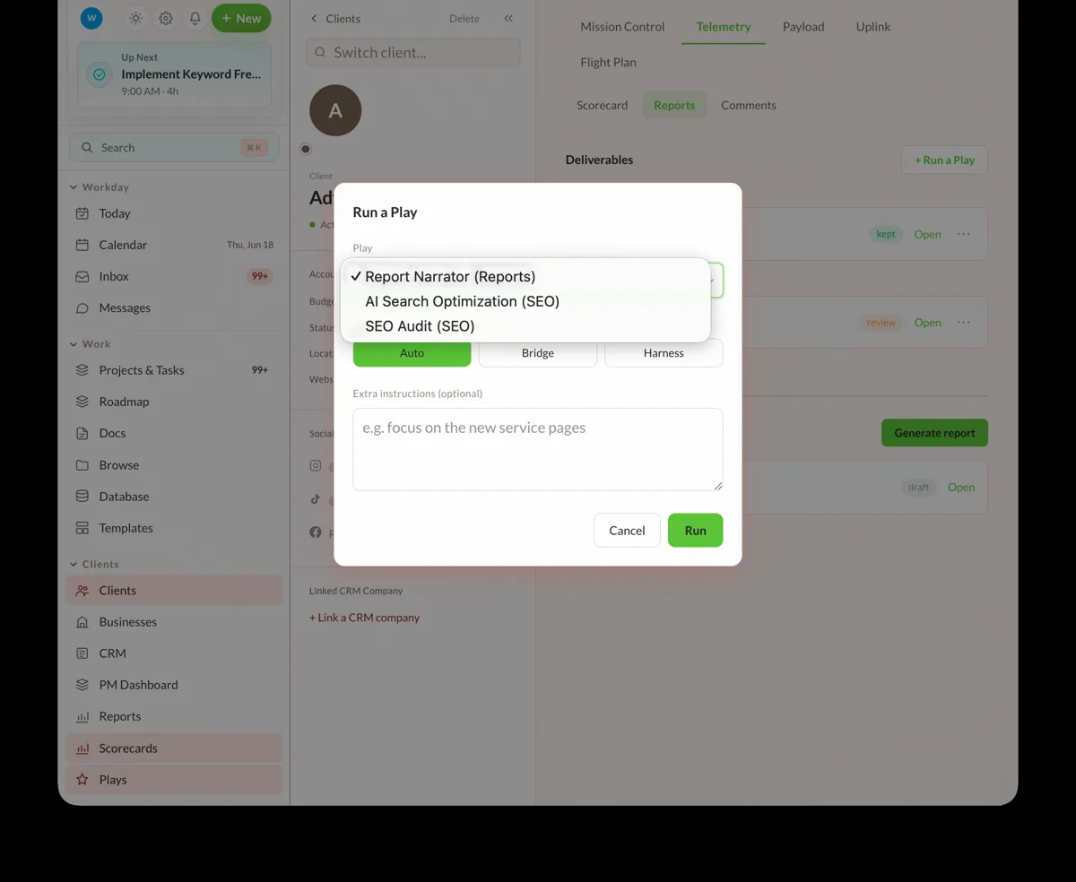 Assigning a marketing Play from a client card in Hiilite — Run a Play: Report Narrator, AI Search Optimization, SEO Audit